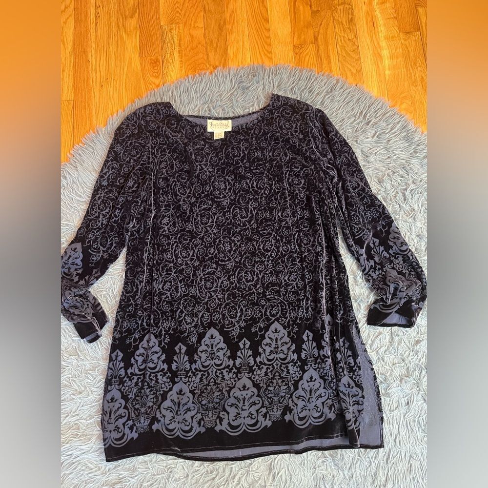 Diane Von Furstenberg Navy Burnout Velvet Sheer Silk Tunic Blouse Size L